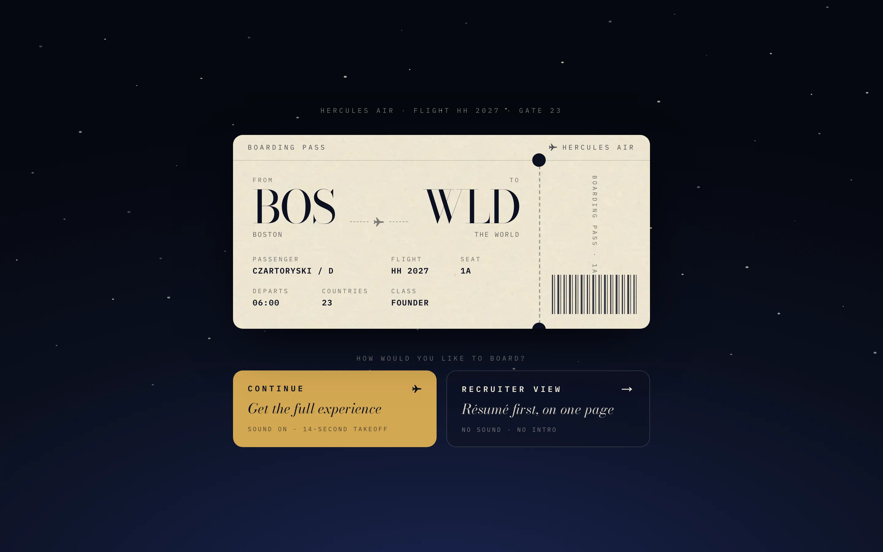 David's boarding pass page at davidczartoryski.com, on a desktop browser