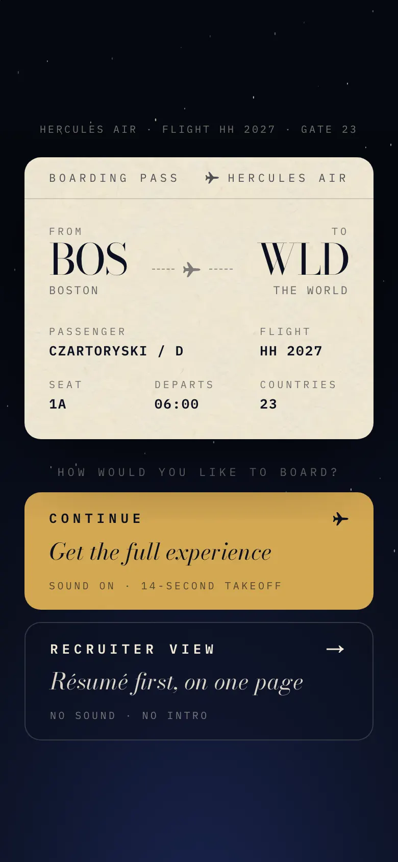 David's boarding pass page at davidczartoryski.com, on a phone