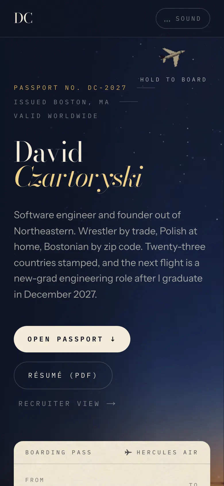 David's passport page at davidczartoryski.com/?intro=off, on a phone