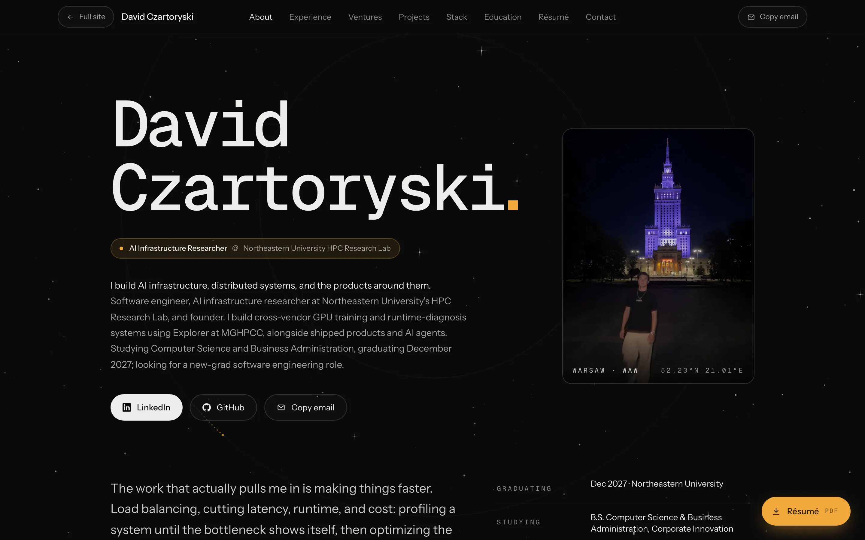 David's recruiter view page at davidczartoryski.com/recruiter, on a desktop browser