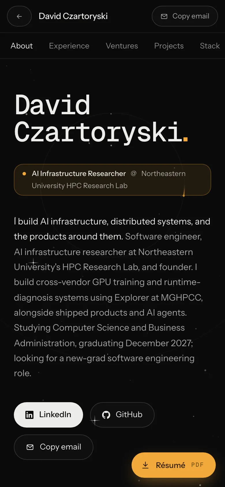 David's recruiter view page at davidczartoryski.com/recruiter, on a phone